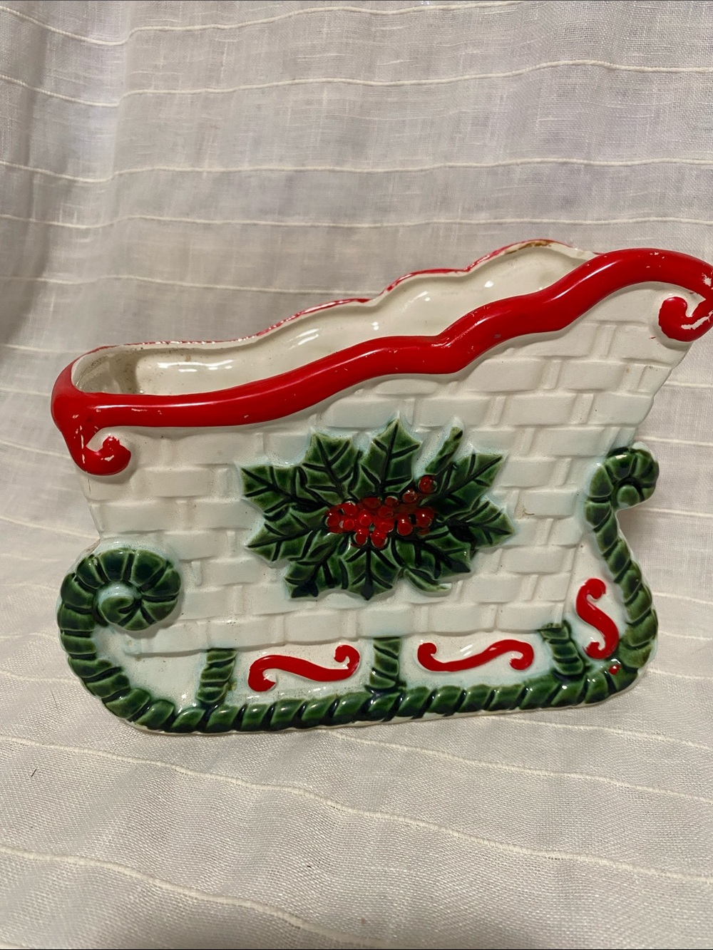 Charming vintage Sleigh Planter  or card holder- White, Red & Green